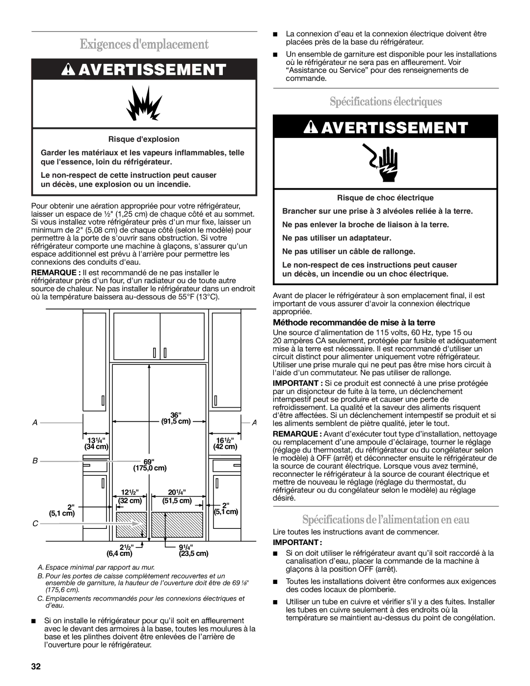 Whirlpool GC1SHAXMB00 warranty Spécifications électriques, Spécifications del’alimentationen eau 