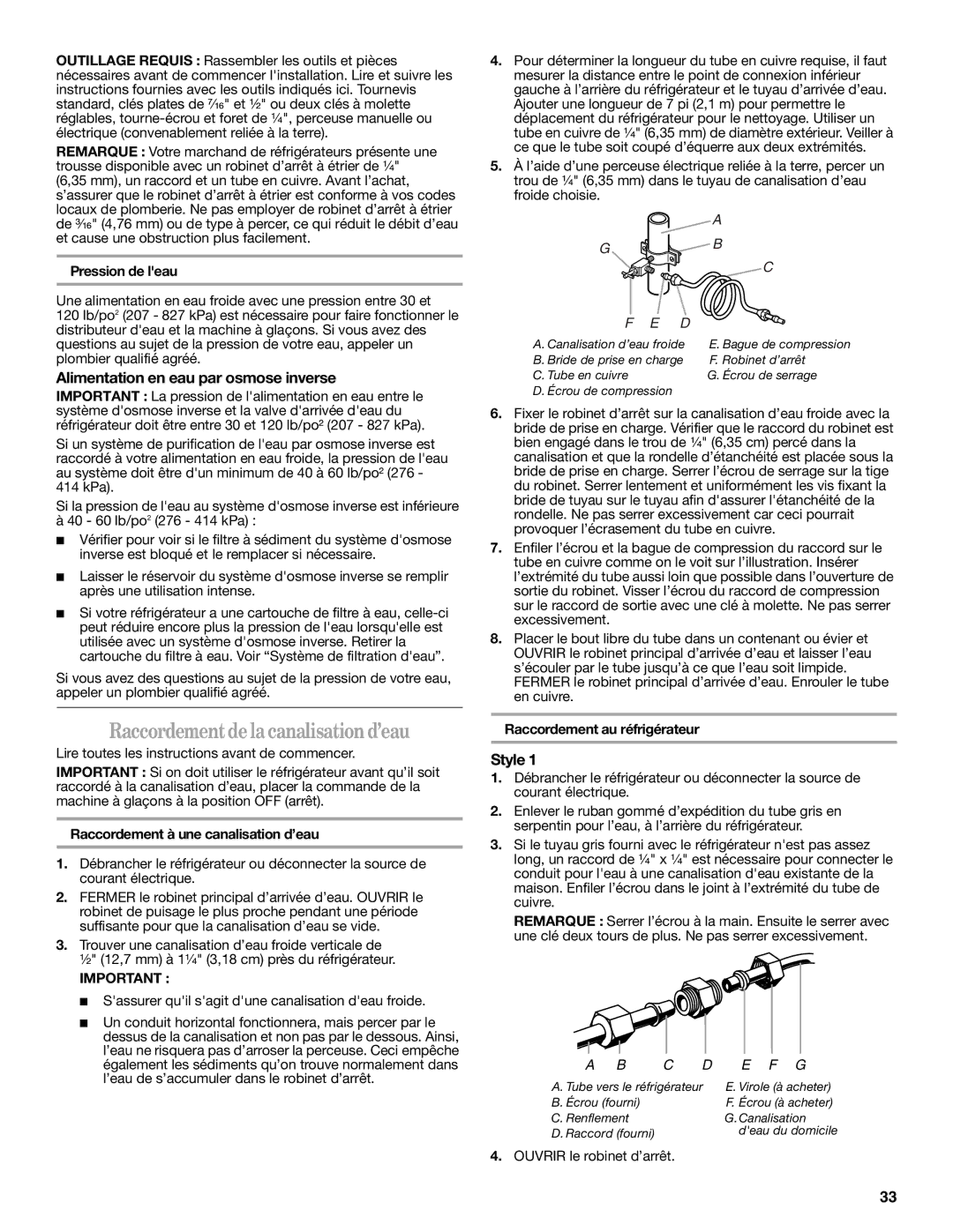 Whirlpool GC1SHAXMB00 warranty Raccordementdelacanalisation d’eau, Alimentation en eau par osmose inverse, Pression de leau 