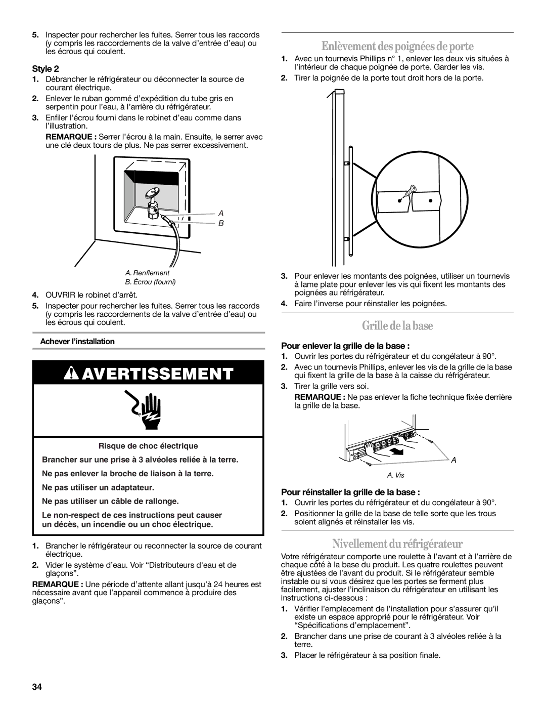 Whirlpool GC1SHAXMB00 warranty Enlèvementdes poignéesdeporte, Grilledelabase, Nivellementdu réfrigérateur 