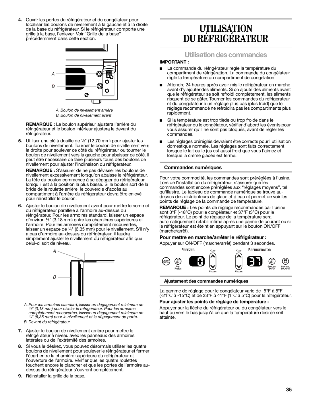 Whirlpool GC1SHAXMB00 Utilisation DU Réfrigérateur, Commandes numériques, Pour mettre en marche/arrêter le réfrigérateur 