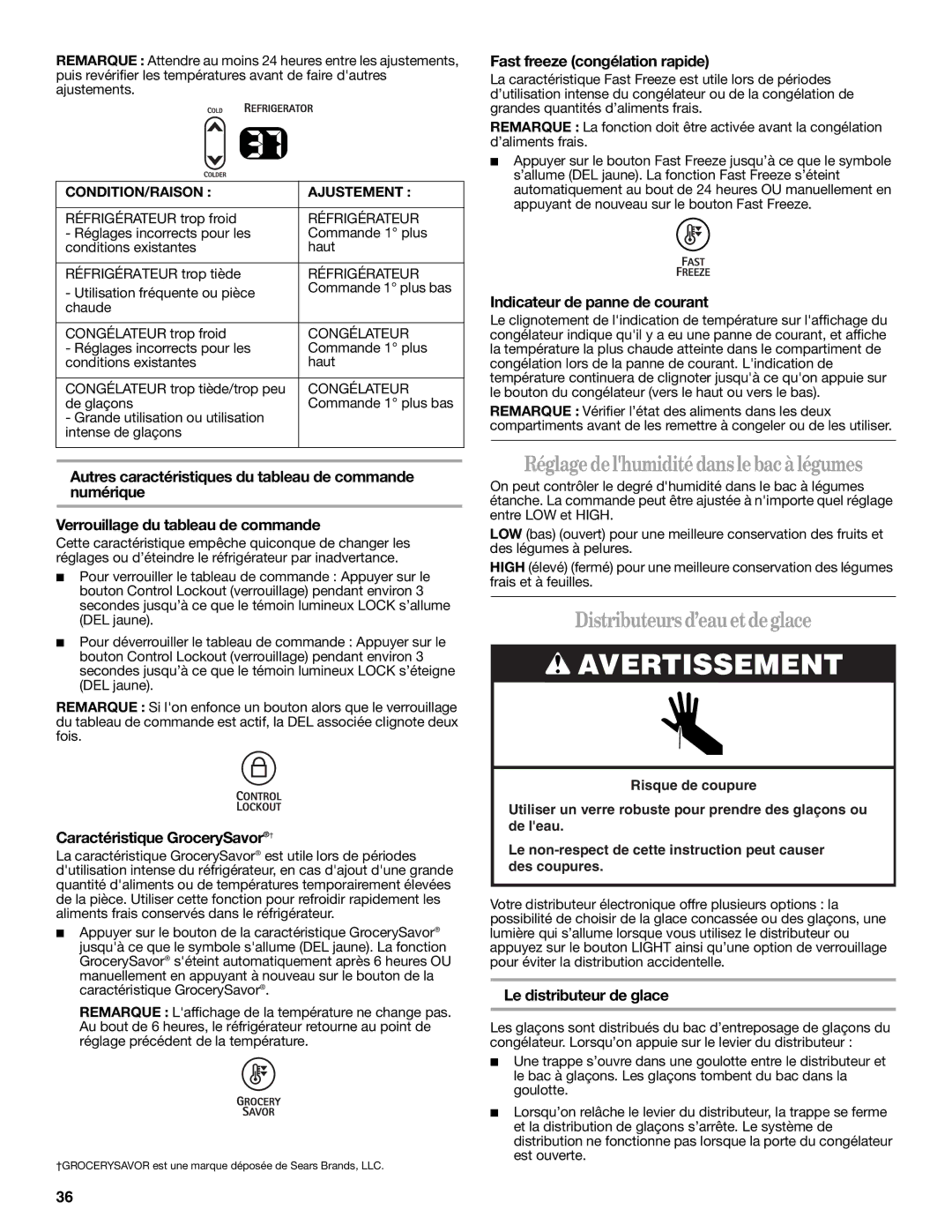 Whirlpool GC1SHAXMB00 warranty Réglagedelhumiditédanslebacà légumes, Distributeurs d’eauetdeglace 