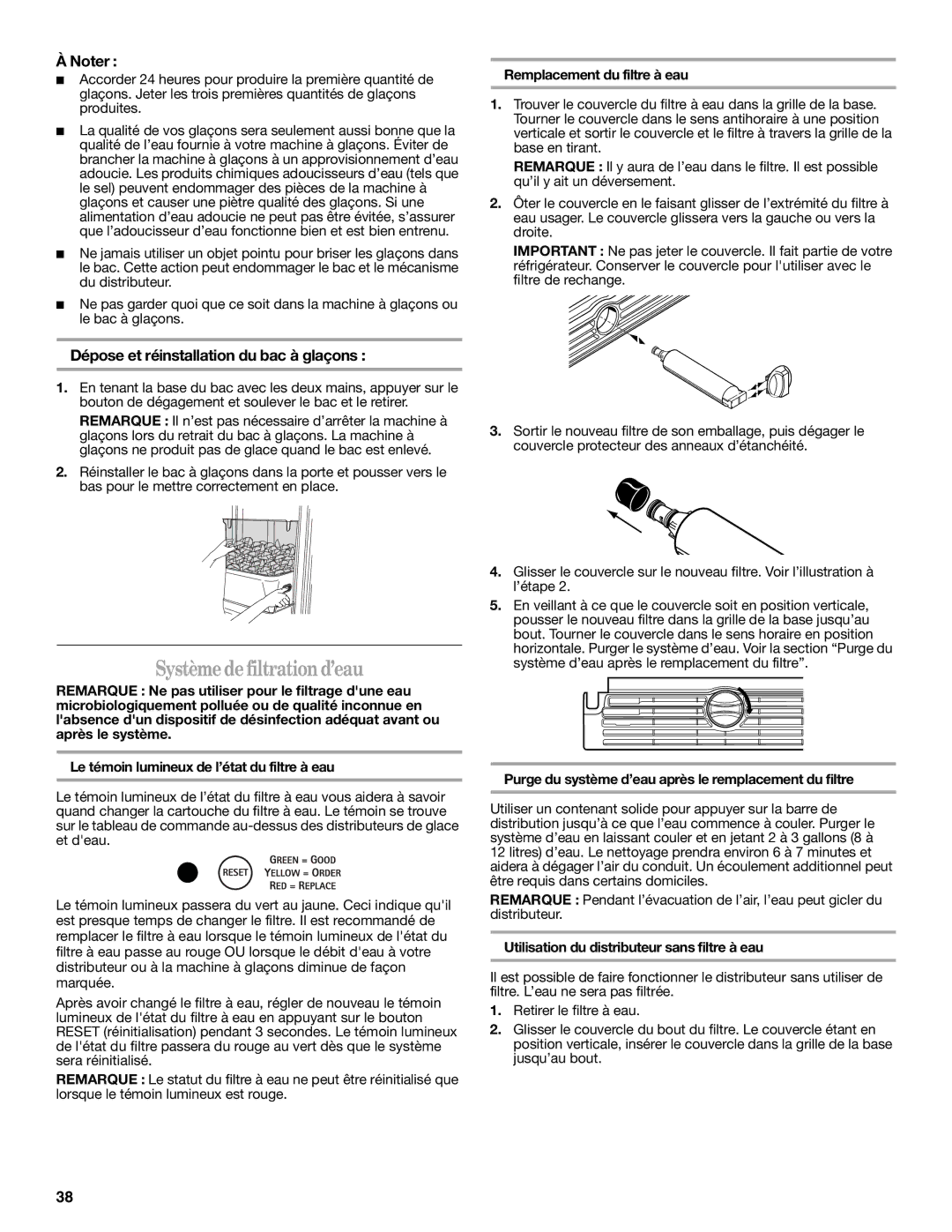 Whirlpool GC1SHAXMB00 Systèmedefiltrationd’eau, Dépose et réinstallation du bac à glaçons, Remplacement du filtre à eau 