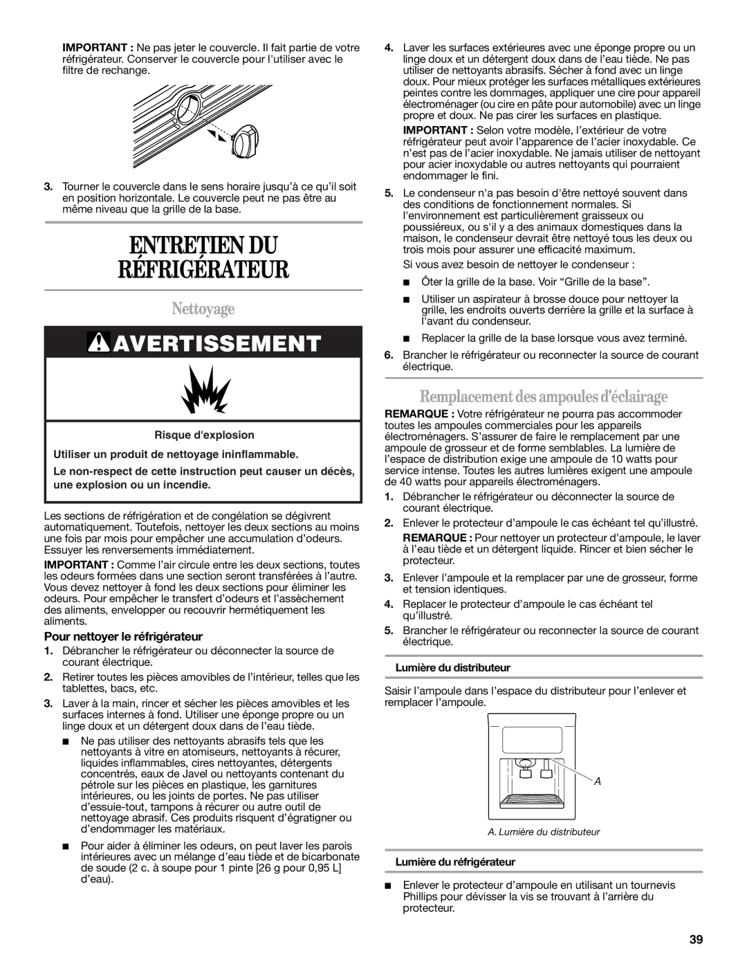 Whirlpool GC1SHAXMB00 warranty Entretien DU Réfrigérateur, Nettoyage, Remplacementdes ampoules d’éclairage 