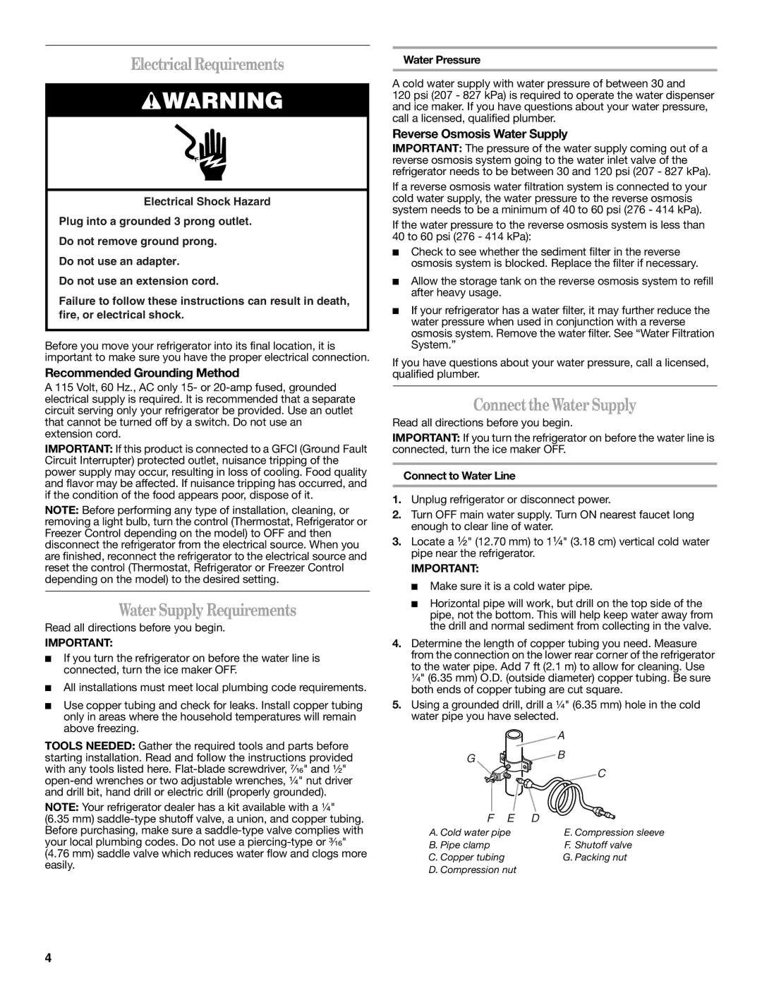 Whirlpool GC1SHAXMB00 warranty Electrical Requirements, Water Supply Requirements, ConnecttheWater Supply 