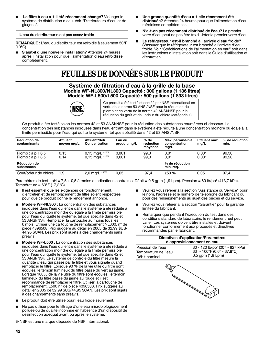 Whirlpool GC1SHAXMB00 warranty Feuilles DE Données SUR LE Produit, Plomb à pH 6,5, Plomb à pH 8,5 