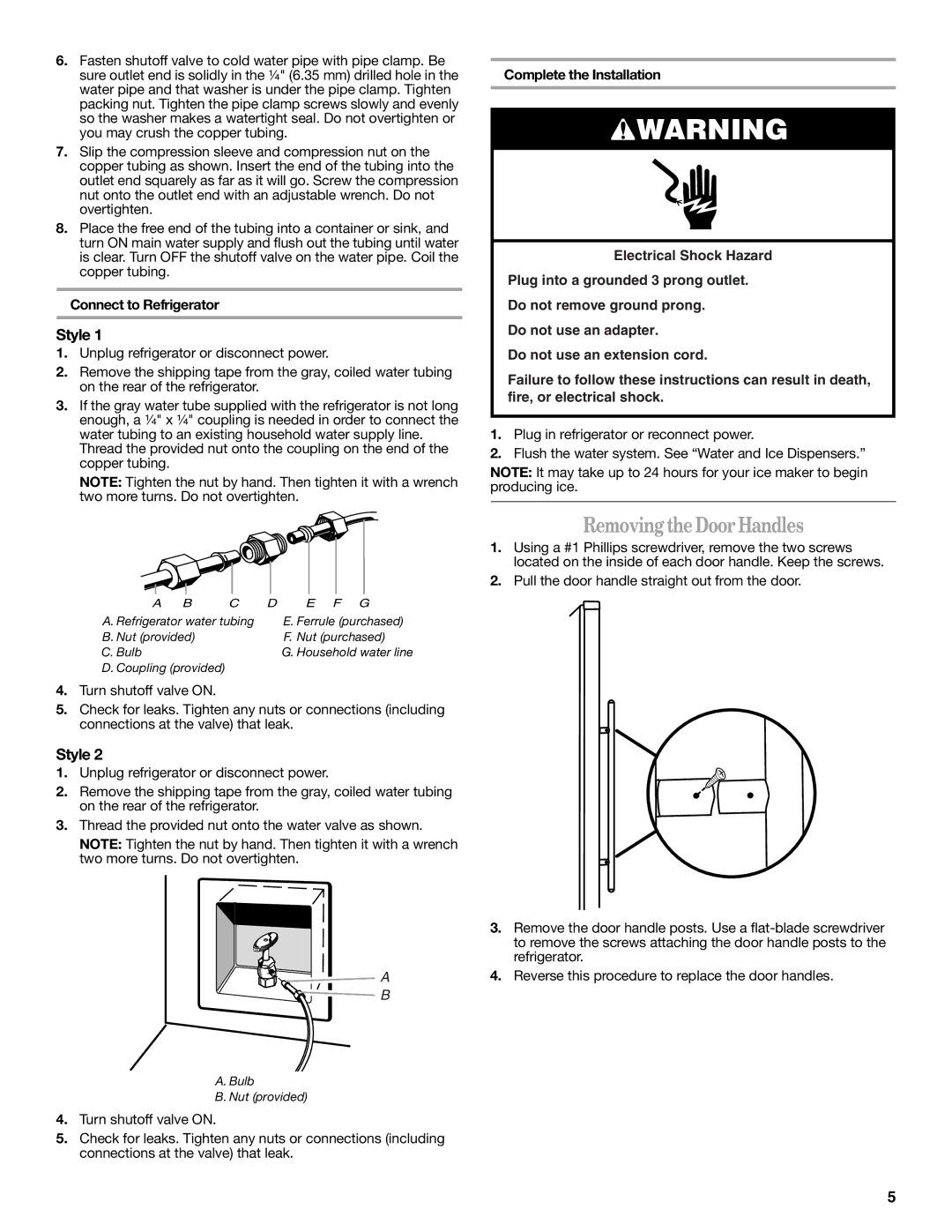 Whirlpool GC1SHAXMB00 warranty RemovingtheDoorHandles, Style, Connect to Refrigerator 