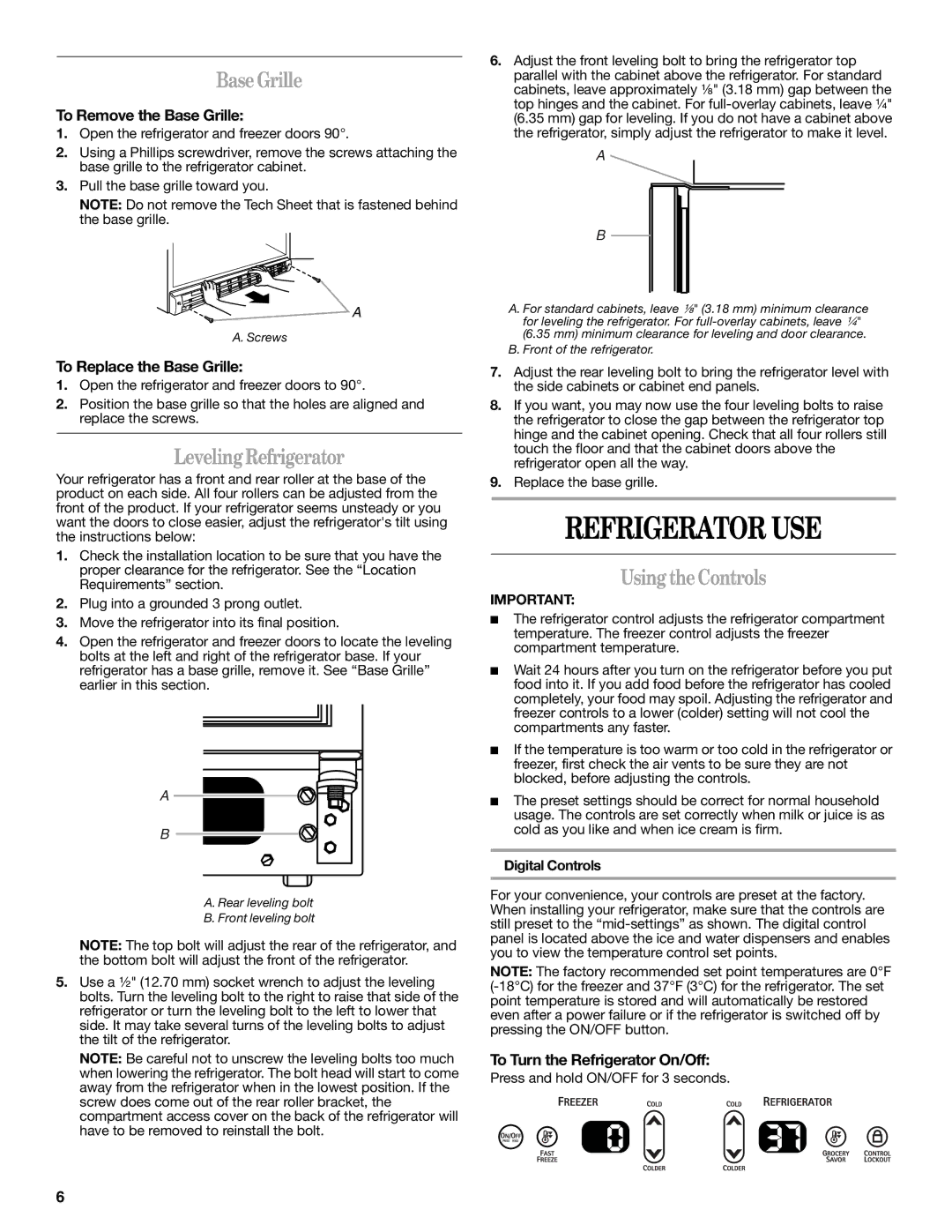 Whirlpool GC1SHAXMB00 warranty Refrigerator USE, BaseGrille, LevelingRefrigerator, Using theControls 