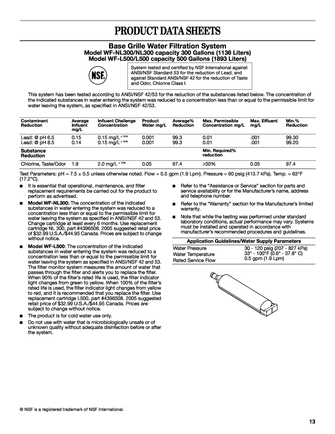 Whirlpool GC1SHAXMB00 warranty Product Data Sheets, Base Grille Water Filtration System, Substance, Reduction 