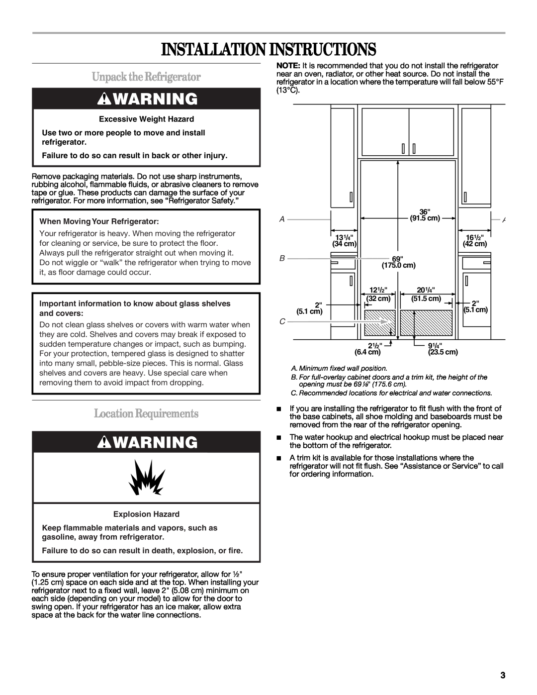 Whirlpool GC1SHAXMB00 Installation Instructions, UnpacktheRefrigerator, LocationRequirements, Excessive Weight Hazard 