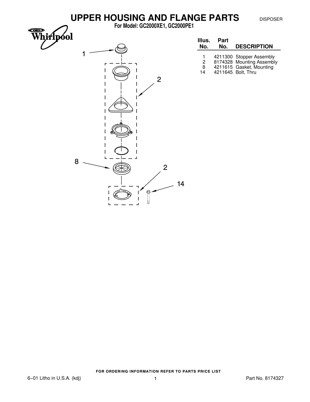 Whirlpool manual Upper Housing and Flange Parts, For Model GC2000XE1, GC2000PE1, Illus. Part No. No. Description 