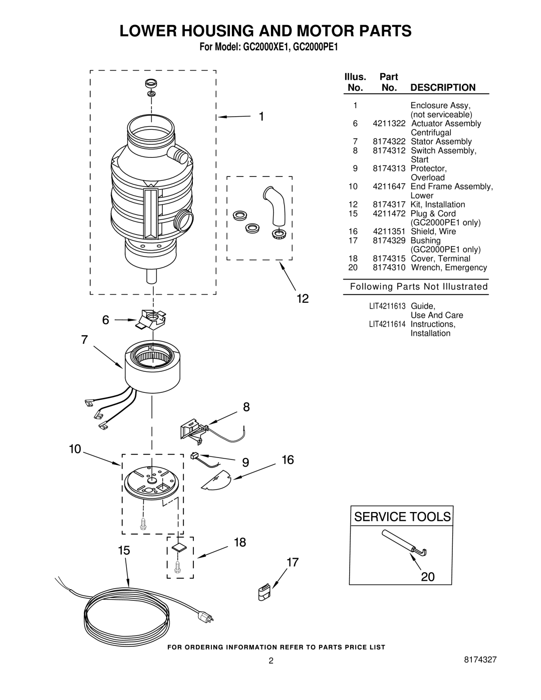 Whirlpool GC2000PE1, GC2000XE1 manual Lower Housing and Motor Parts, Illus Part, Description 