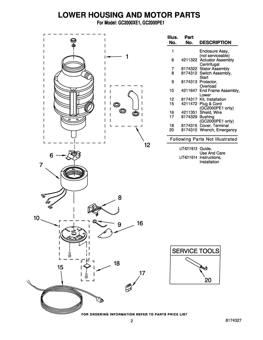 Whirlpool manual Lower Housing And Motor Parts, Illus, Description, For Model GC2000XE1, GC2000PE1 