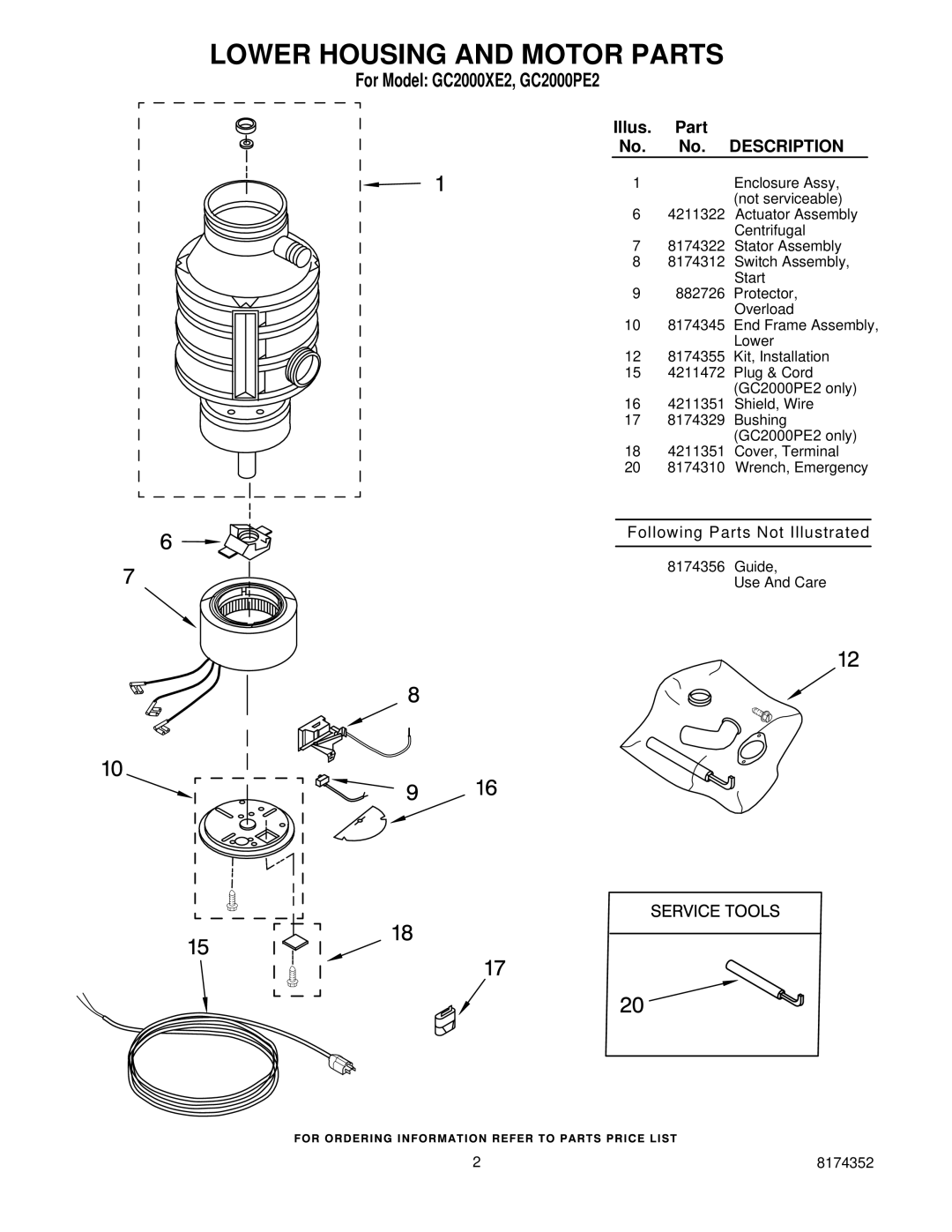 Whirlpool GC2000PE2, GC2000XE2 manual Lower Housing and Motor Parts, Illus Part, Description 