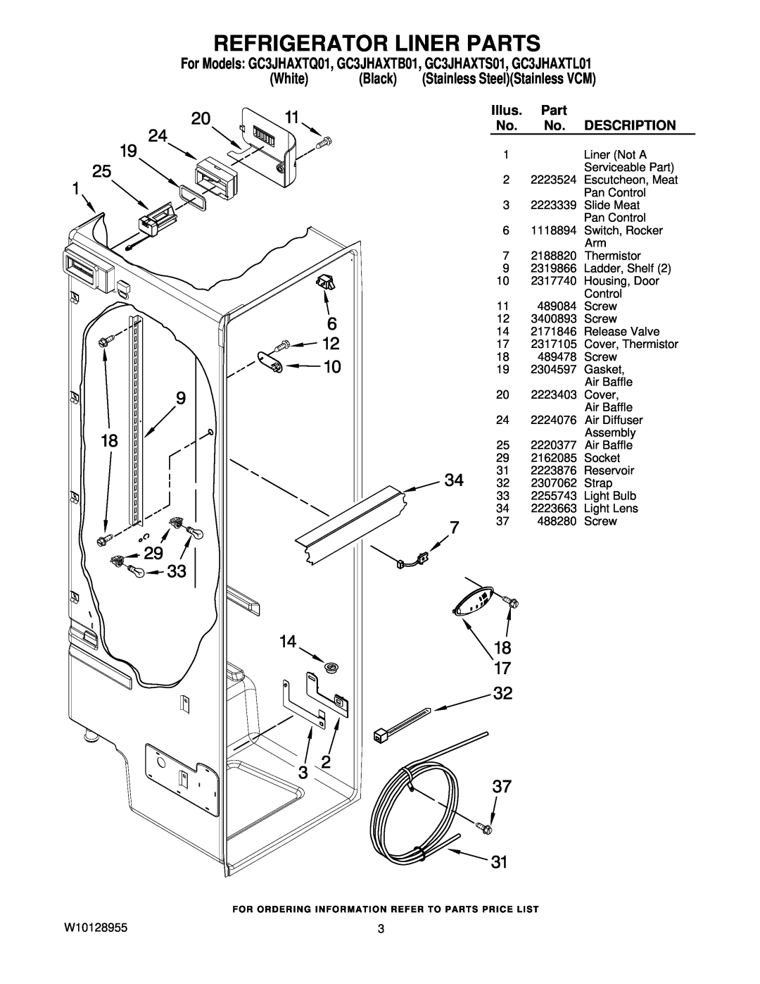 Whirlpool GC3JHAXTB01 manual Refrigerator Liner Parts, Stainless SteelStainless VCM, Illus, Description, White, Black 