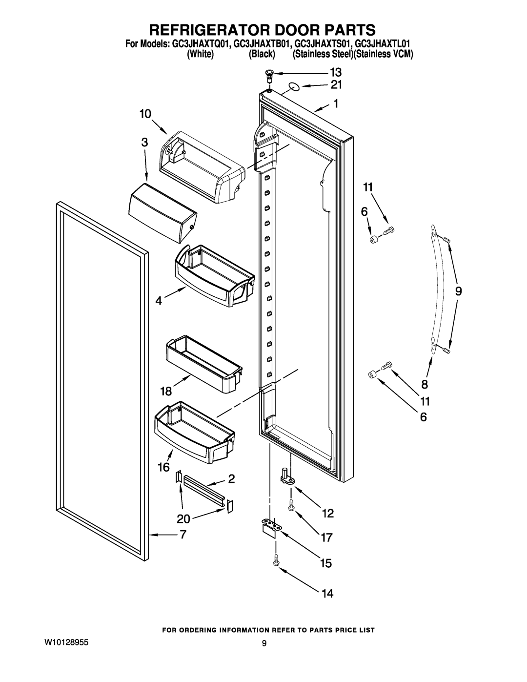 Whirlpool manual Refrigerator Door Parts, For Models GC3JHAXTQ01, GC3JHAXTB01, GC3JHAXTS01, GC3JHAXTL01, White, Black 