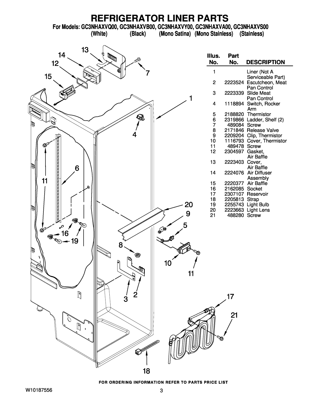 Whirlpool GC3NHAXVS00 Refrigerator Liner Parts, Mono Satina Mono Stainless Stainless, Illus, Description, White, Black 