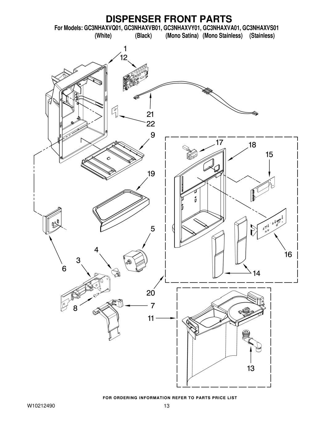 Whirlpool GC3NHAXVB01, GC3NHAXVY01, GC3NHAXVS01, GC3NHAXVQ01, GC3NHAXVA01 manual Dispenser Front Parts 