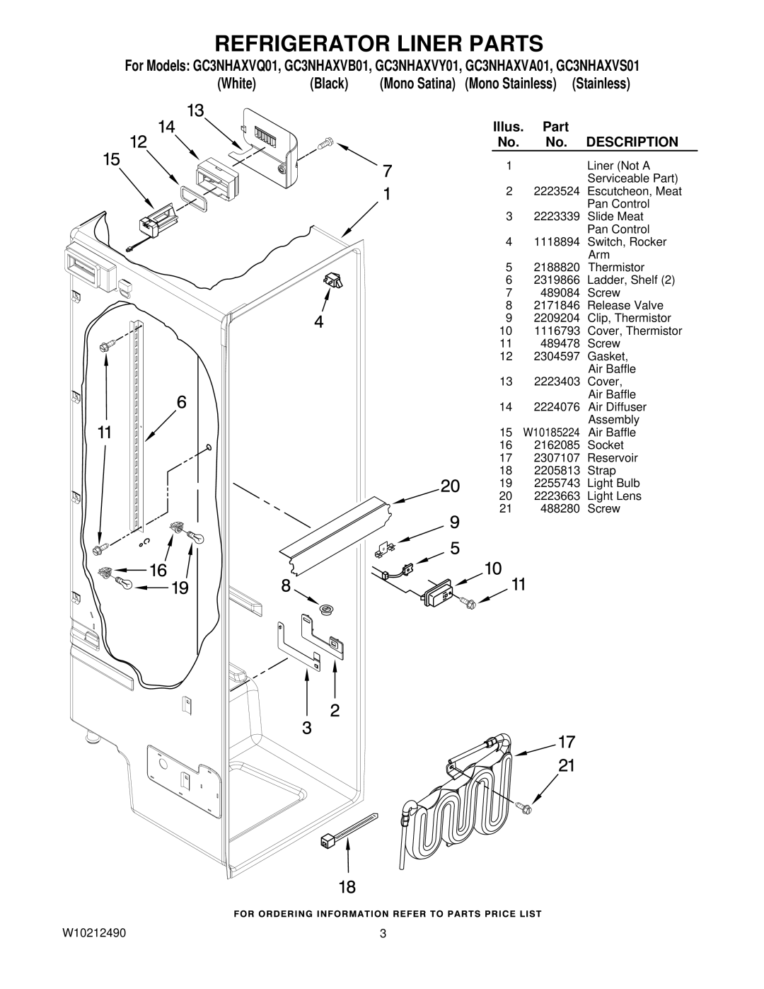 Whirlpool GC3NHAXVB01, GC3NHAXVY01, GC3NHAXVS01 Refrigerator Liner Parts, White Black Mono Satina Mono Stainless Stainless 