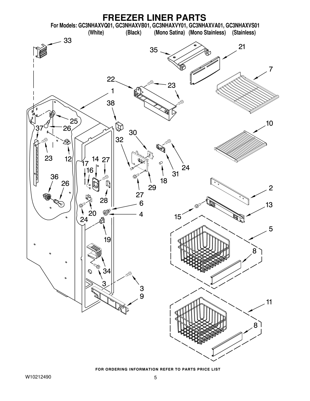 Whirlpool GC3NHAXVY01, GC3NHAXVS01, GC3NHAXVQ01, GC3NHAXVB01, GC3NHAXVA01 manual Freezer Liner Parts 