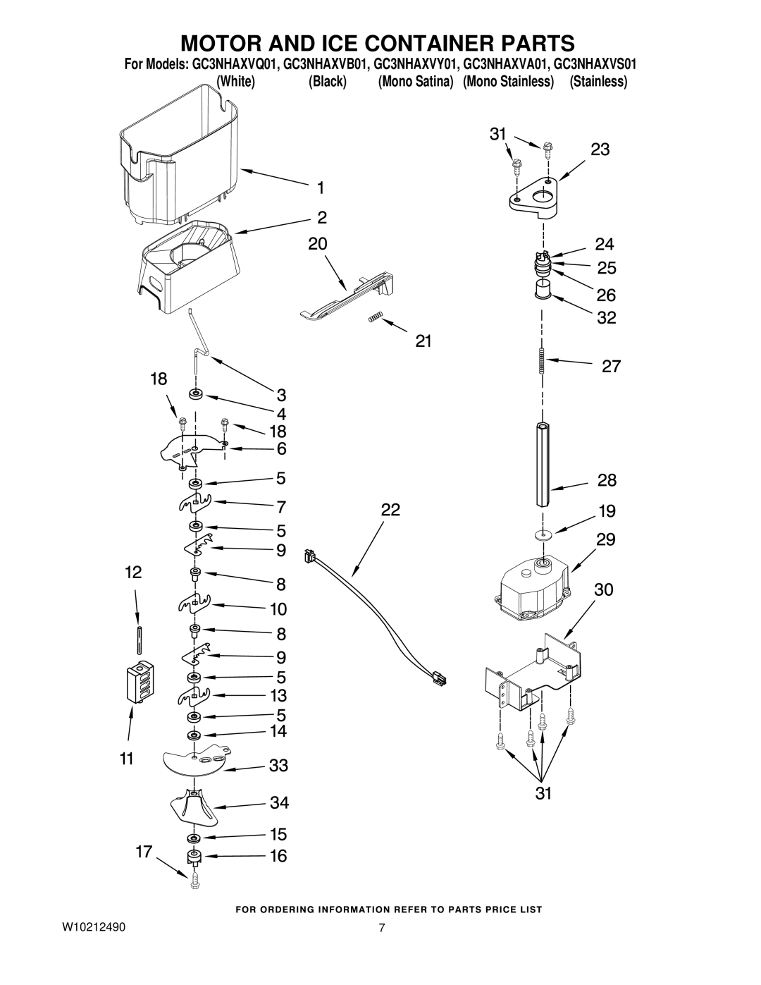 Whirlpool GC3NHAXVQ01, GC3NHAXVY01, GC3NHAXVS01, GC3NHAXVB01, GC3NHAXVA01 manual Motor and ICE Container Parts 