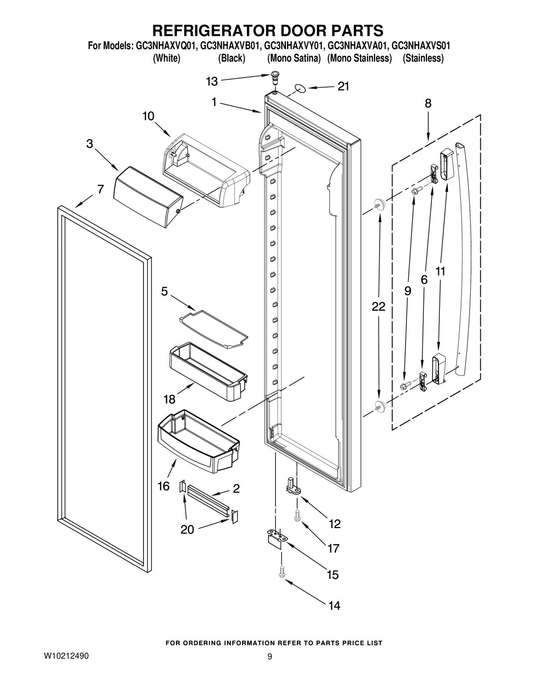 Whirlpool GC3NHAXVA01, GC3NHAXVY01, GC3NHAXVS01, GC3NHAXVQ01, GC3NHAXVB01 manual Refrigerator Door Parts 