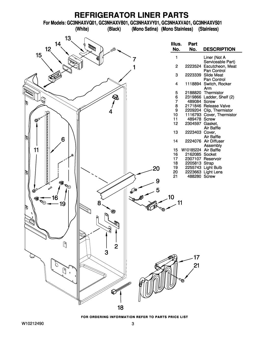 Whirlpool GC3NHAXVB01 Refrigerator Liner Parts, Mono Satina Mono Stainless Stainless, White, Black, Illus, Description 