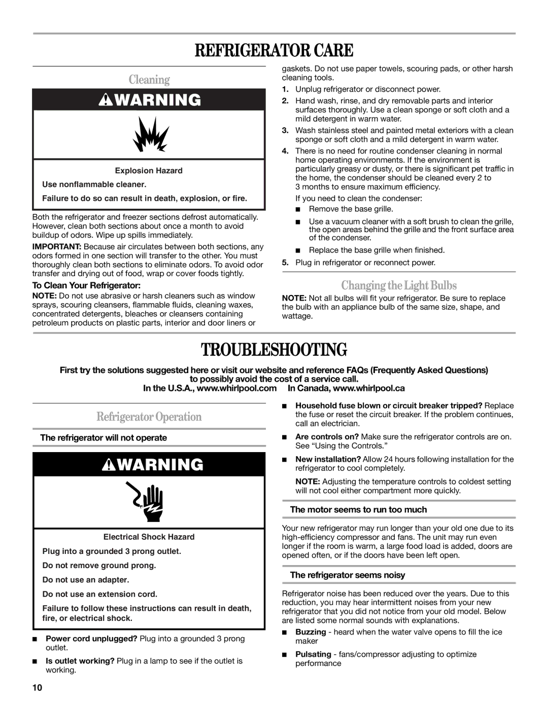 Whirlpool GT2MHTXRT01 Refrigerator Care, Troubleshooting, Cleaning, Changing the Light Bulbs, Refrigerator Operation 