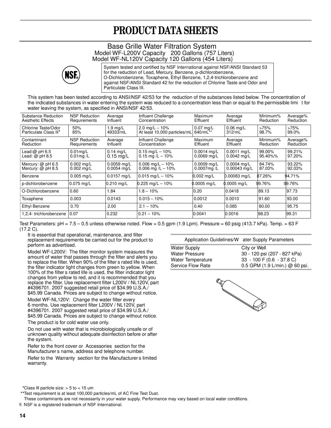 Whirlpool GC3PHEXNT00, GC3PHEXNB01, GC3PHEXNB00 Product Data Sheets, Application Guidelines/Water Supply Parameters 