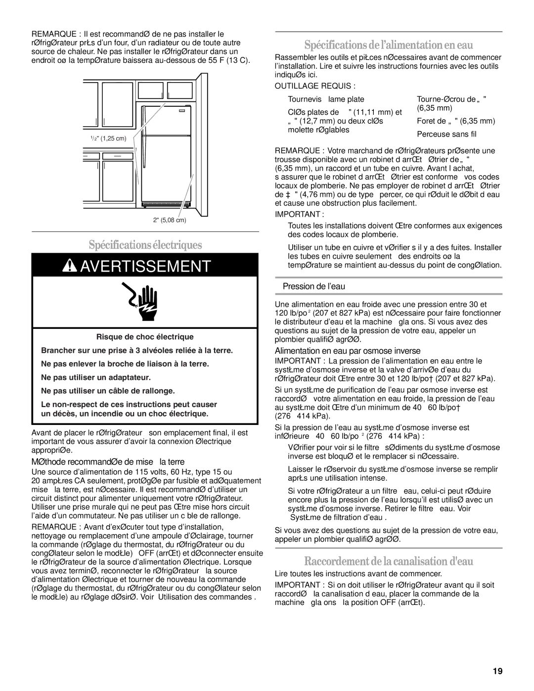 Whirlpool GC3PHEXNQ03, GC3PHEXNB01, GC3PHEXNB00 Spécificationsélectriques, Spécifications del’alimentationen eau 