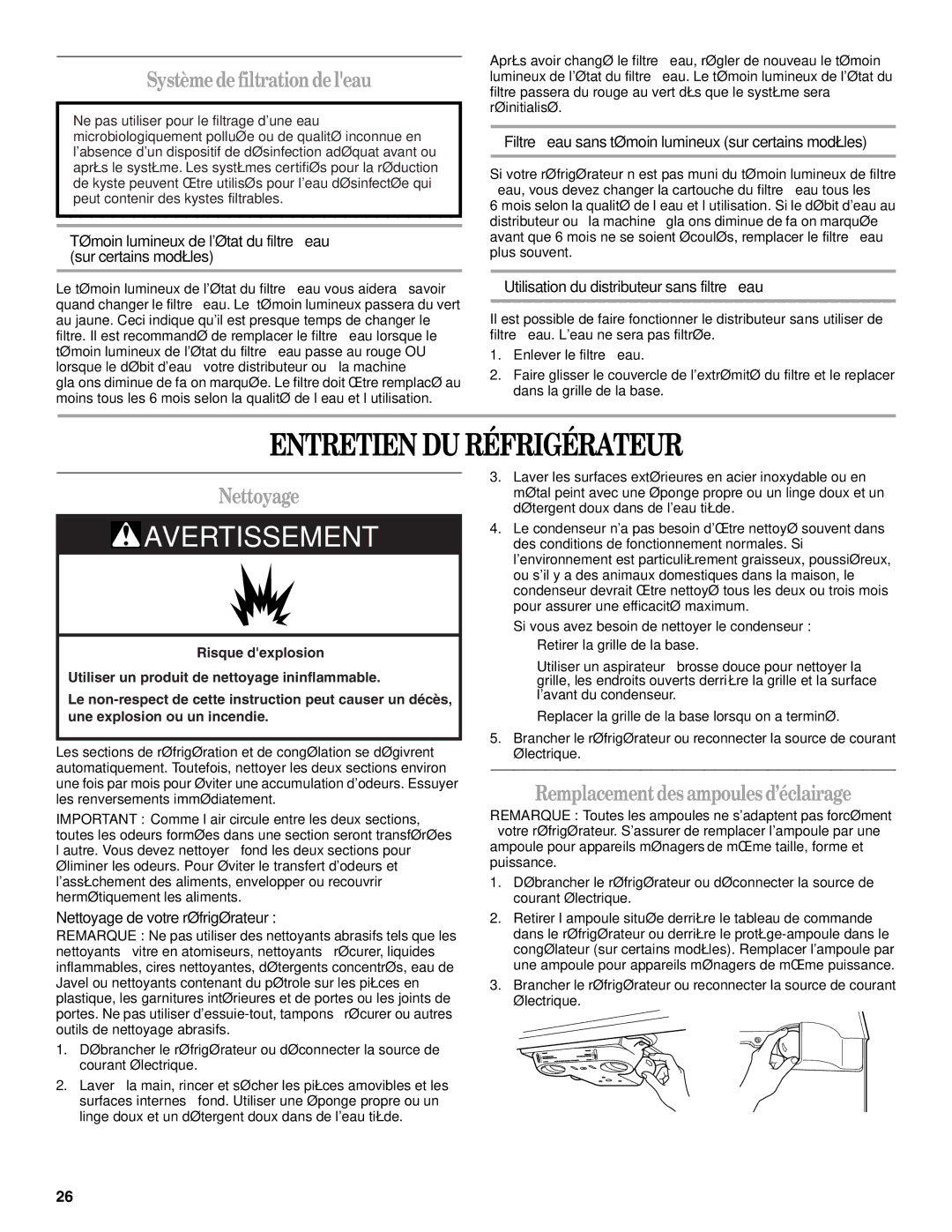 Whirlpool GC3PHEXNQ02, GC3PHEXNB01, GC3PHEXNB00 Entretien DU Réfrigérateur, Système de filtrationde leau, Nettoyage 