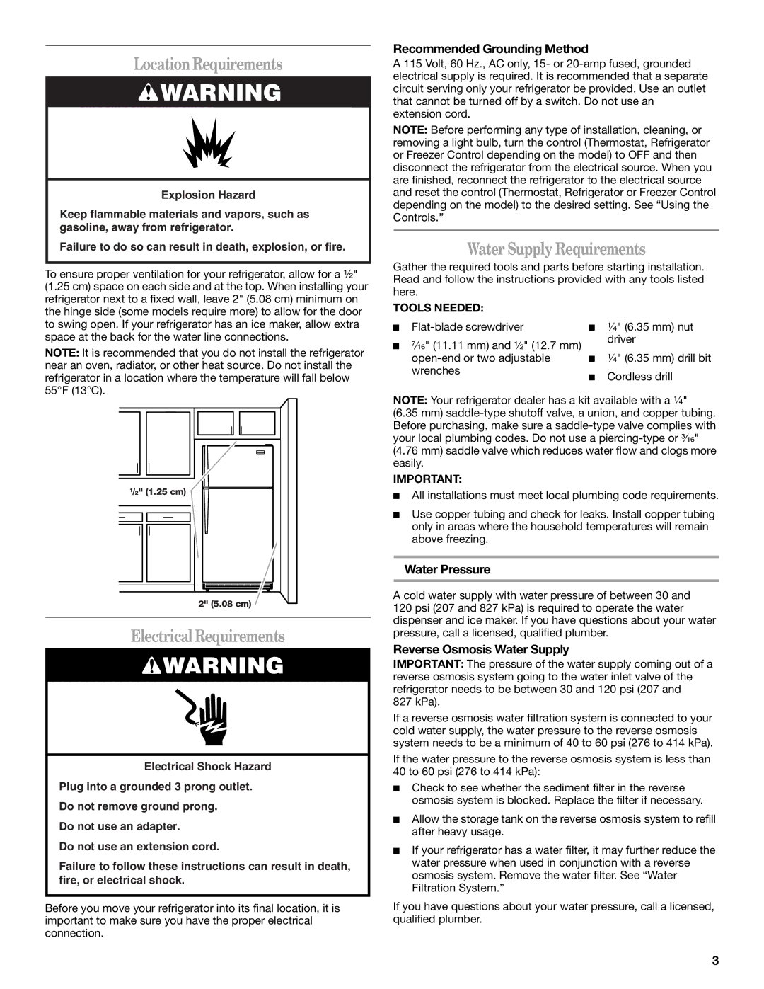 Whirlpool GC3SHEXNB02, GC3PHEXNB01, GC3PHEXNB00 LocationRequirements, Electrical Requirements, Water Supply Requirements 