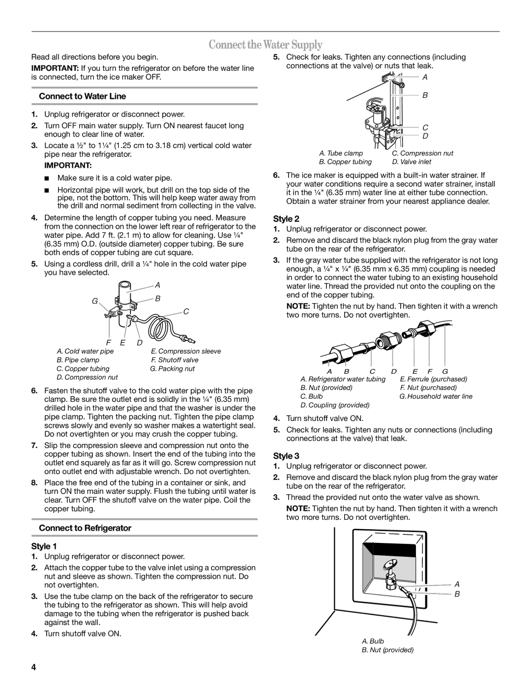 Whirlpool GC3SHEXNS02, GC3PHEXNB01 Connect the Water Supply, Connect to Water Line, Connect to Refrigerator Style 