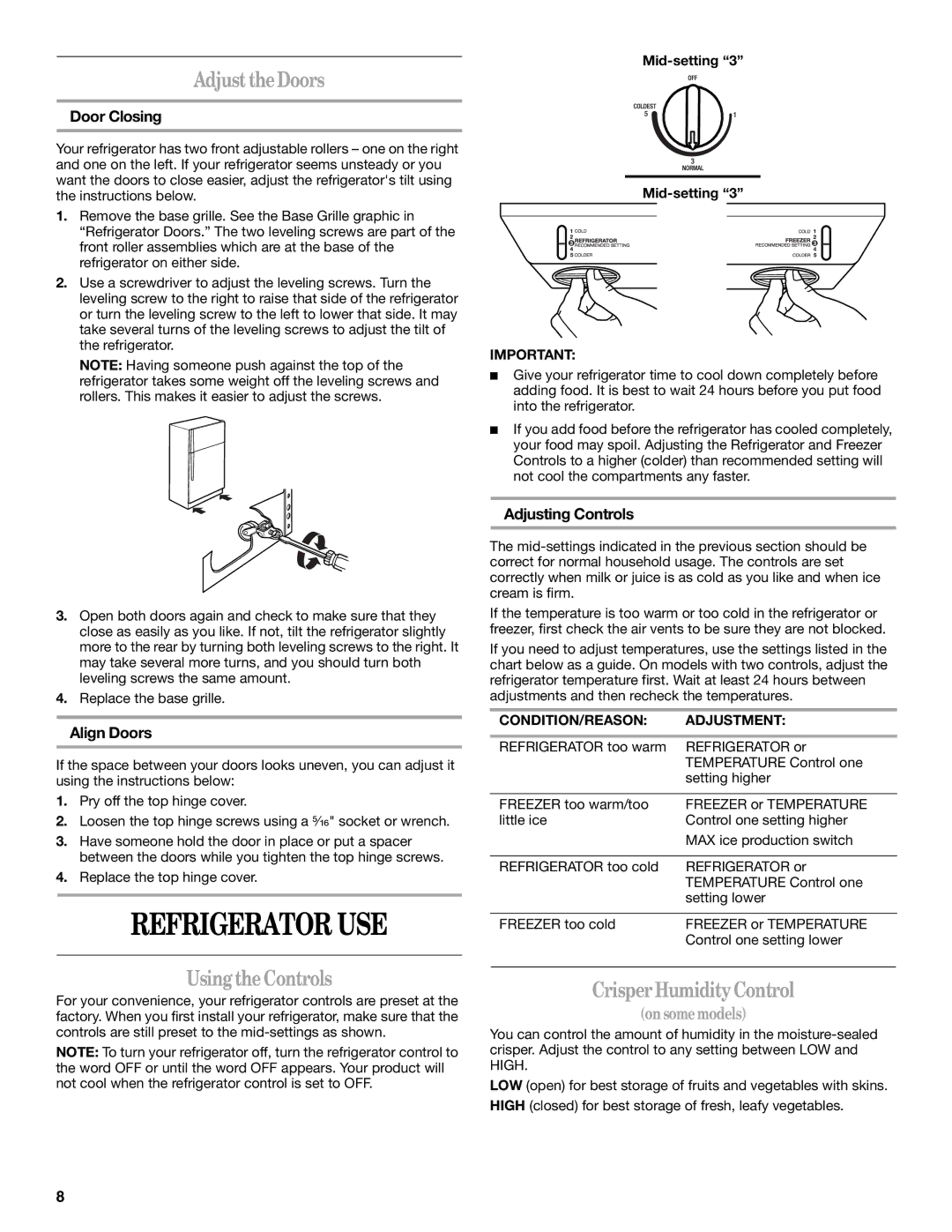 Whirlpool GT1SHTXMQ04, GC3PHEXNB01 Refrigerator USE, Adjust the Doors, Using the Controls, Crisper Humidity Control 