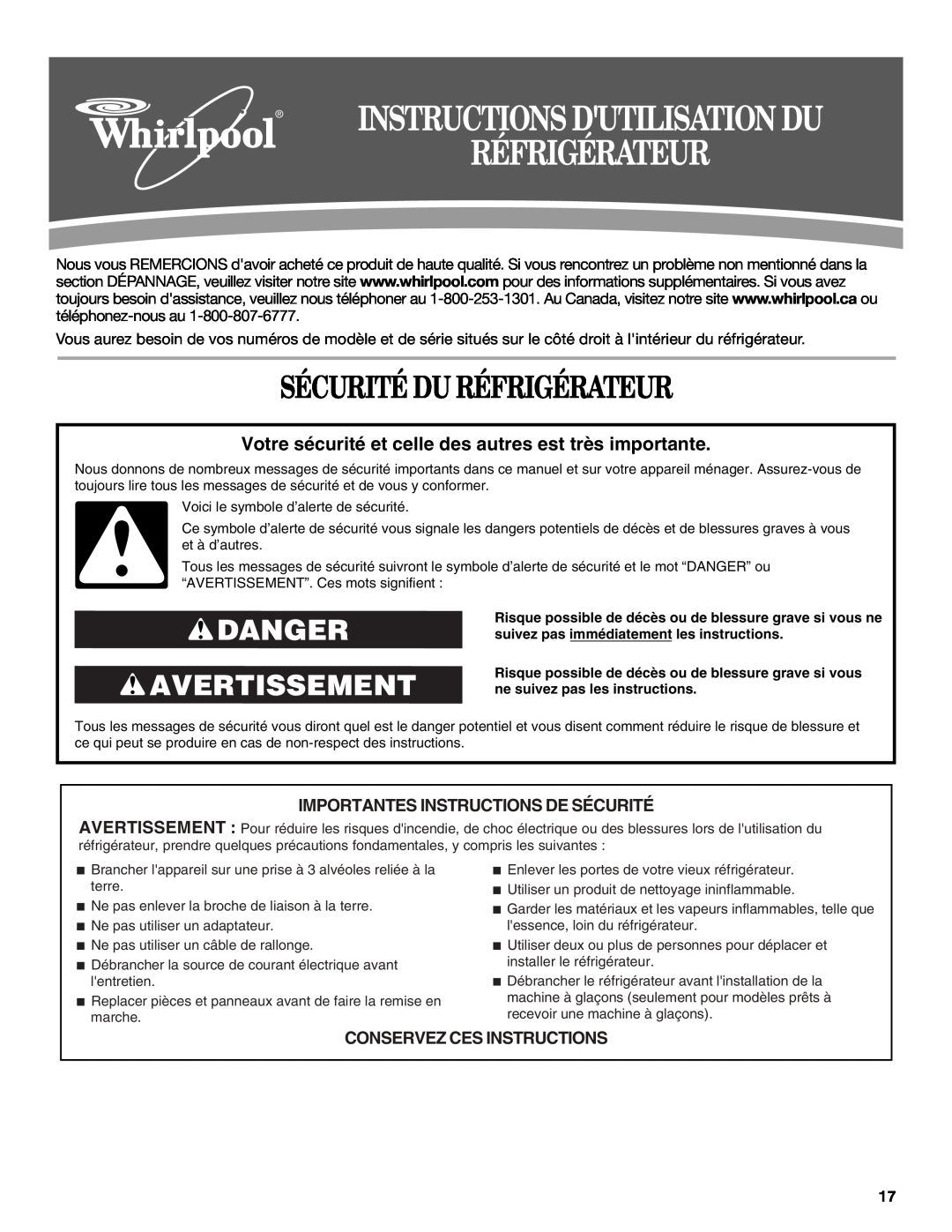 Whirlpool GC3PHEXNQ00, GC3PHEXNB01 Sécurité Du Réfrigérateur, Danger Avertissement, Importantes Instructions De Sécurité 
