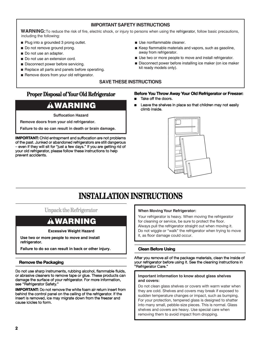 Whirlpool GC3SHEXNT02, GC3PHEXNB01 Installation Instructions, Unpack the Refrigerator, Important Safety Instructions 