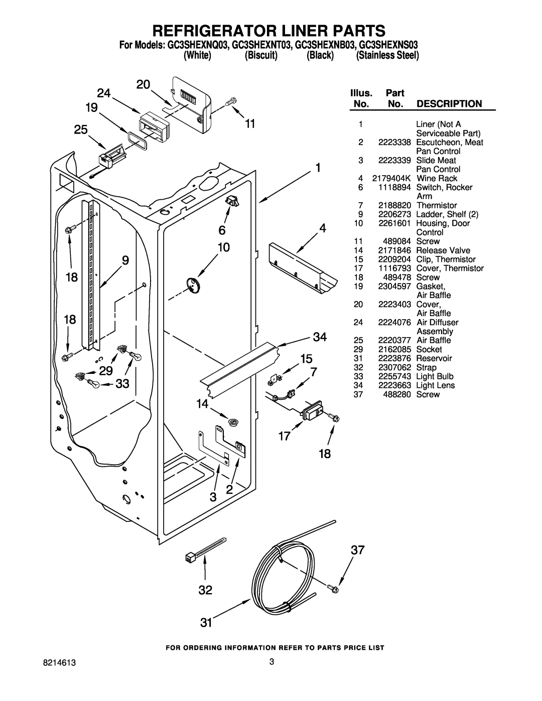 Whirlpool GC3SHEXNS03, GC3SHEXNB03 Refrigerator Liner Parts, Illus, Description, White, Biscuit, Black, Stainless Steel 