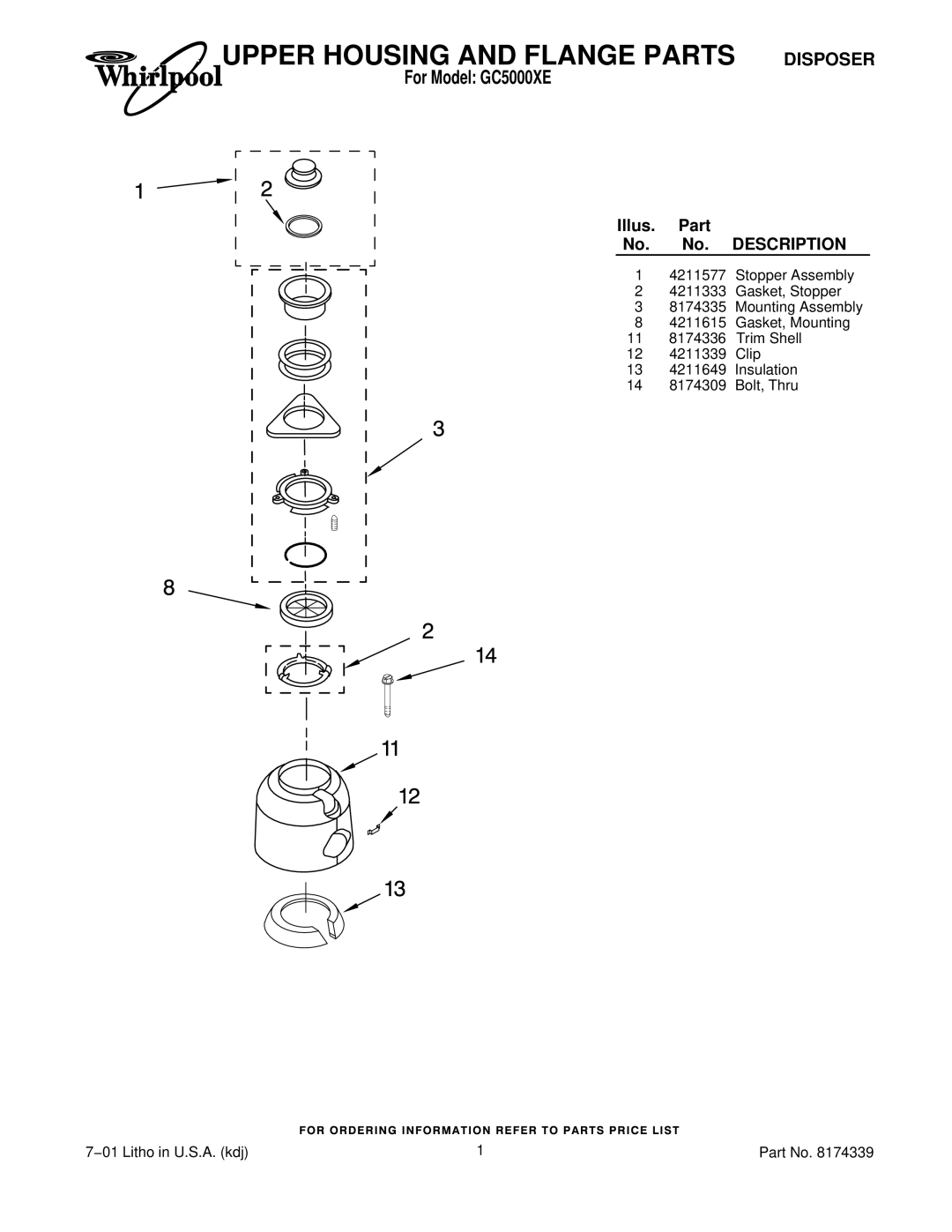 Whirlpool manual Upper Housing and Flange Parts Disposer, For Model GC5000XE, Description 