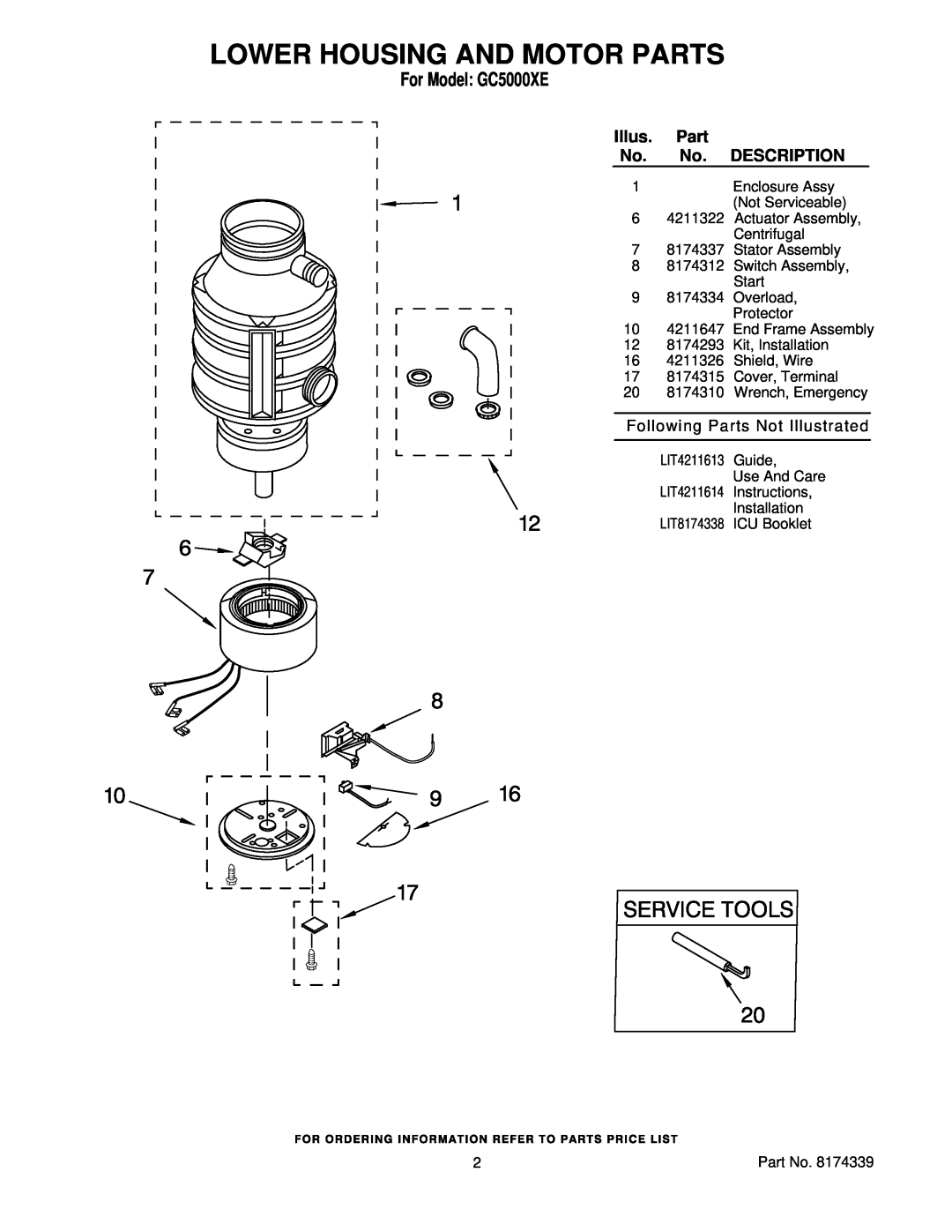 Whirlpool manual Lower Housing And Motor Parts, For Model GC5000XE, Description, Following Parts Not Illustrated 