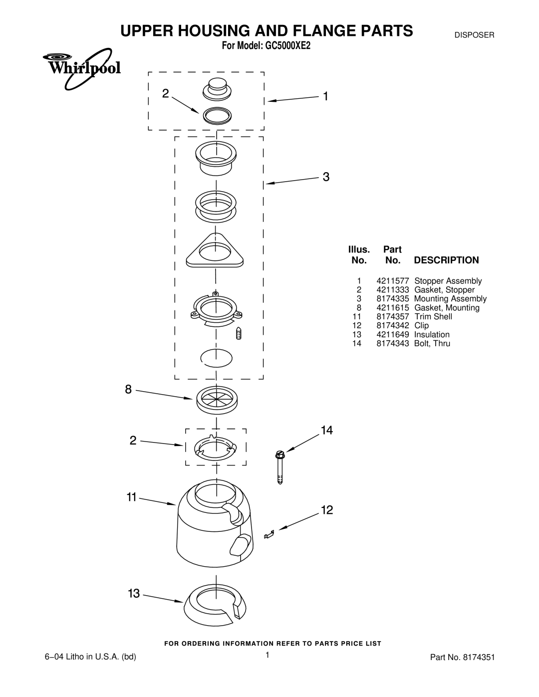 Whirlpool manual Upper Housing and Flange Parts, For Model GC5000XE2, Illus. Part No. No. Description 