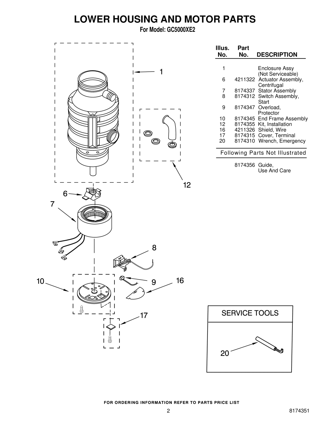 Whirlpool GC5000XE2 manual Lower Housing and Motor Parts, Illus Part, Description 