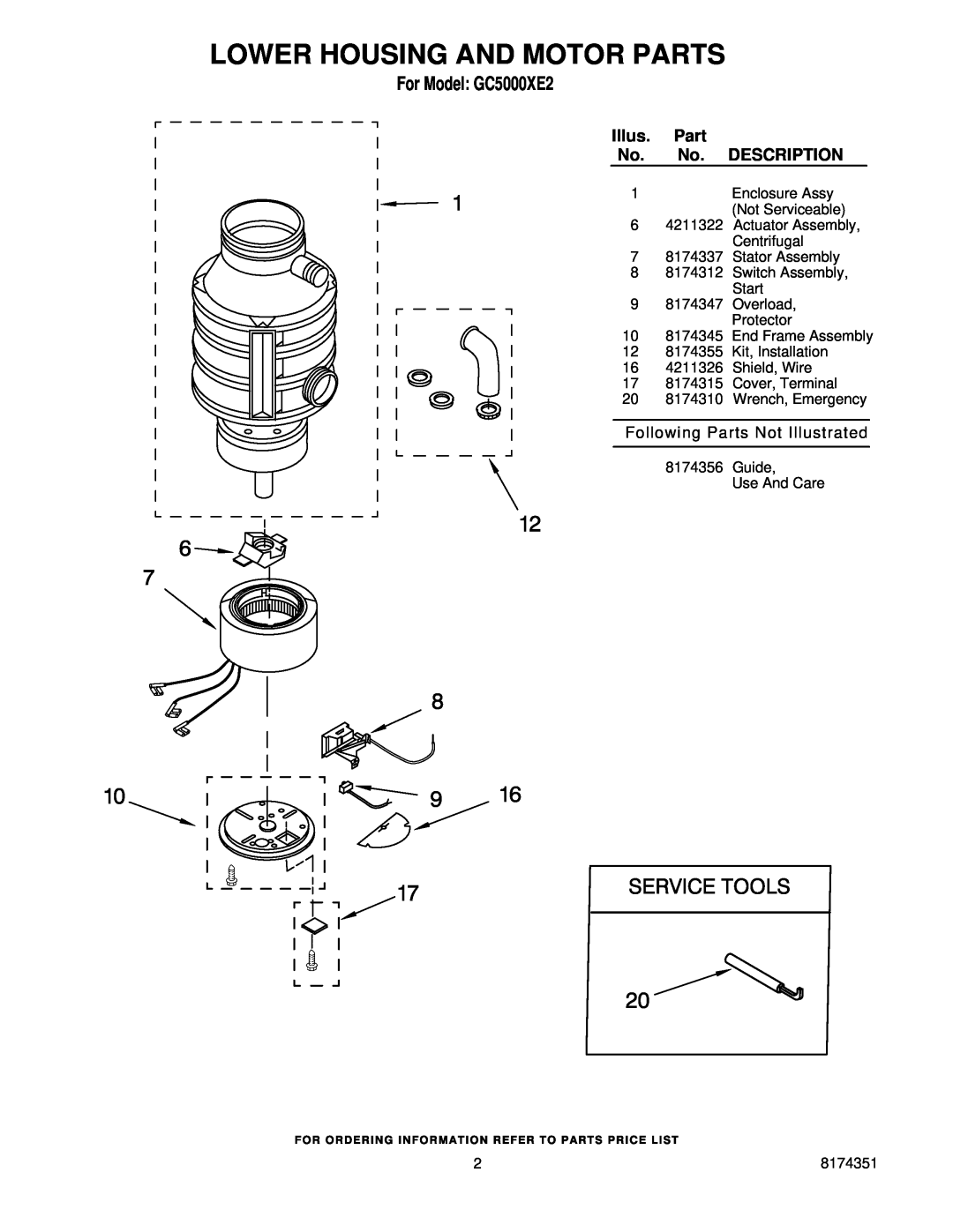 Whirlpool Description, Lower Housing And Motor Parts, For Model GC5000XE2, Following Parts Not Illustrated 