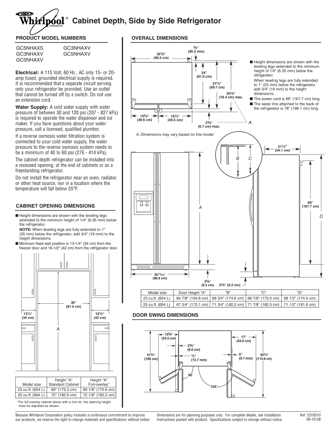 Whirlpool GC5NHAXS dimensions Product Model Numbers Overall Dimensions, Cabinet Opening Dimensions, Door Swing Dimensions 