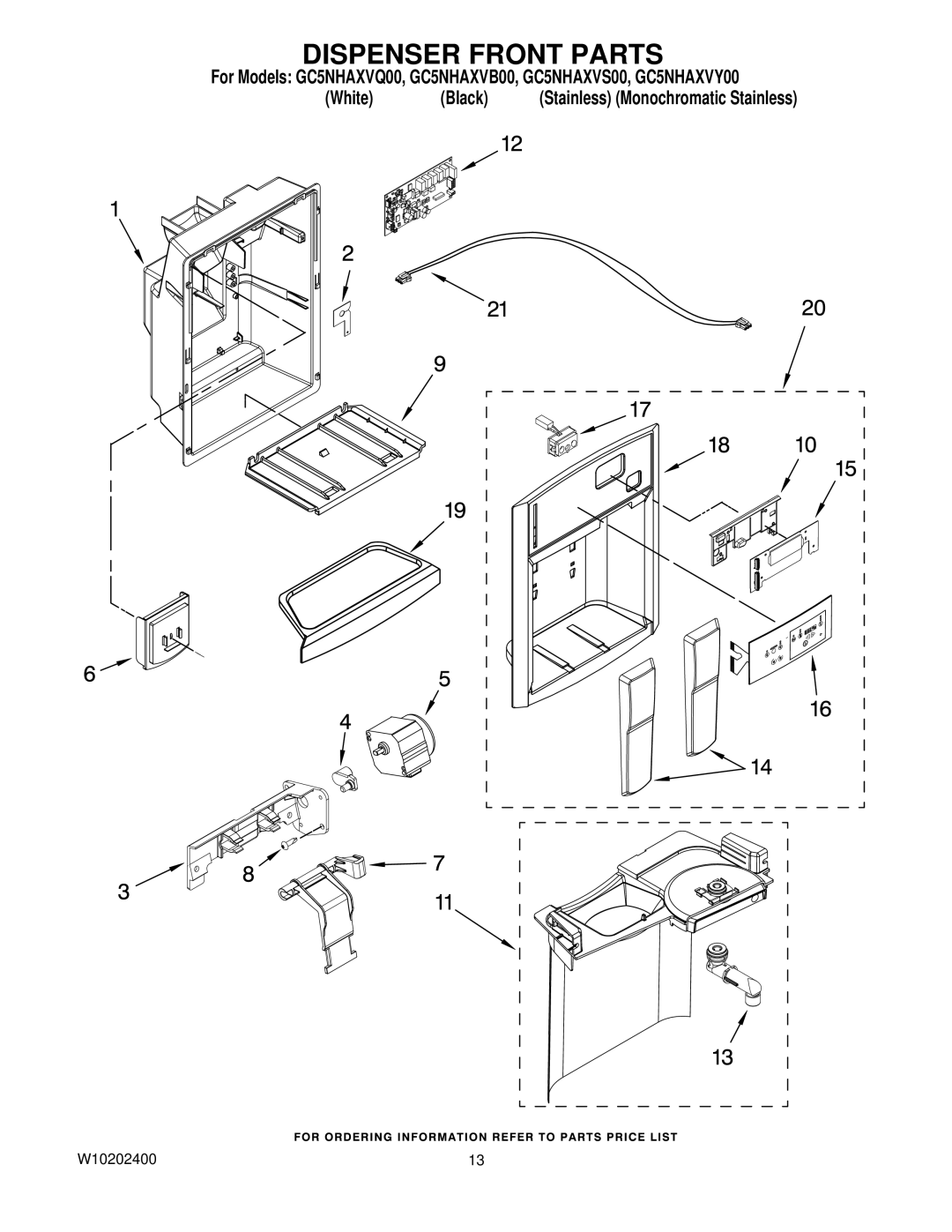 Whirlpool GC5NHAXVS00, GC5NHAXVY00, GC5NHAXVQ00, GC5NHAXVB00 manual Dispenser Front Parts 