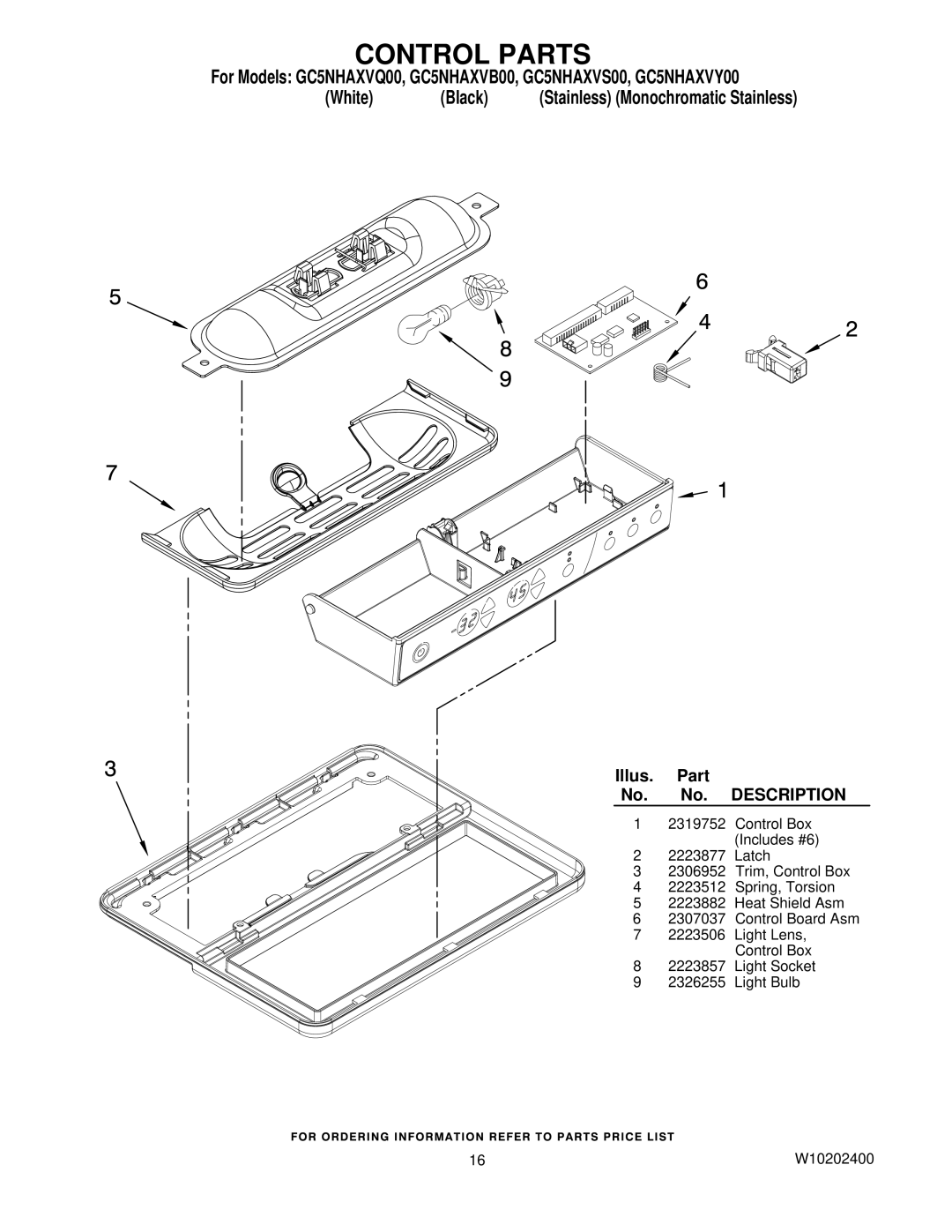 Whirlpool GC5NHAXVY00, GC5NHAXVS00, GC5NHAXVQ00, GC5NHAXVB00 manual Control Parts 