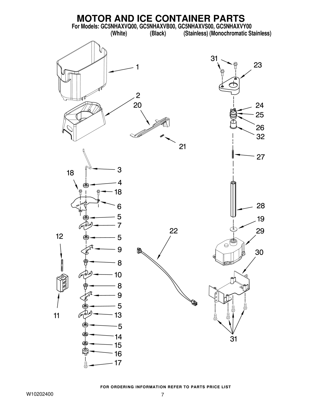 Whirlpool GC5NHAXVB00, GC5NHAXVY00, GC5NHAXVS00, GC5NHAXVQ00 manual Motor and ICE Container Parts 