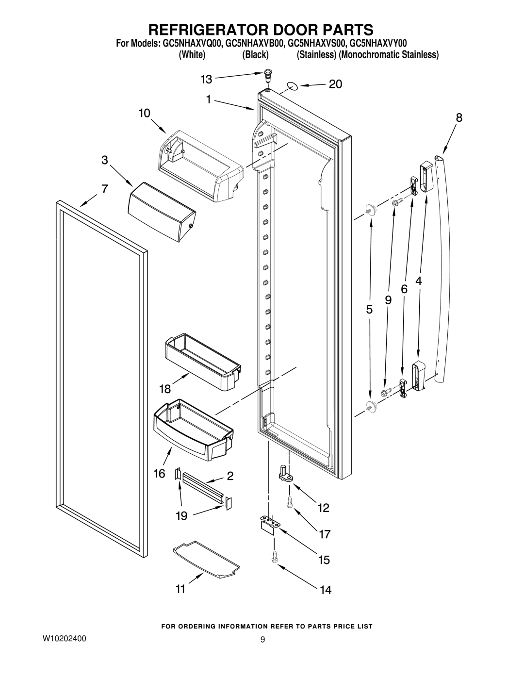 Whirlpool GC5NHAXVS00, GC5NHAXVY00, GC5NHAXVQ00, GC5NHAXVB00 manual Refrigerator Door Parts 