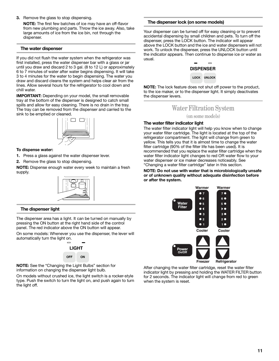 Whirlpool GC5SHGXKB00 manual Water Filtration System, Water dispenser, Dispenser lock on some models, Dispenser light 