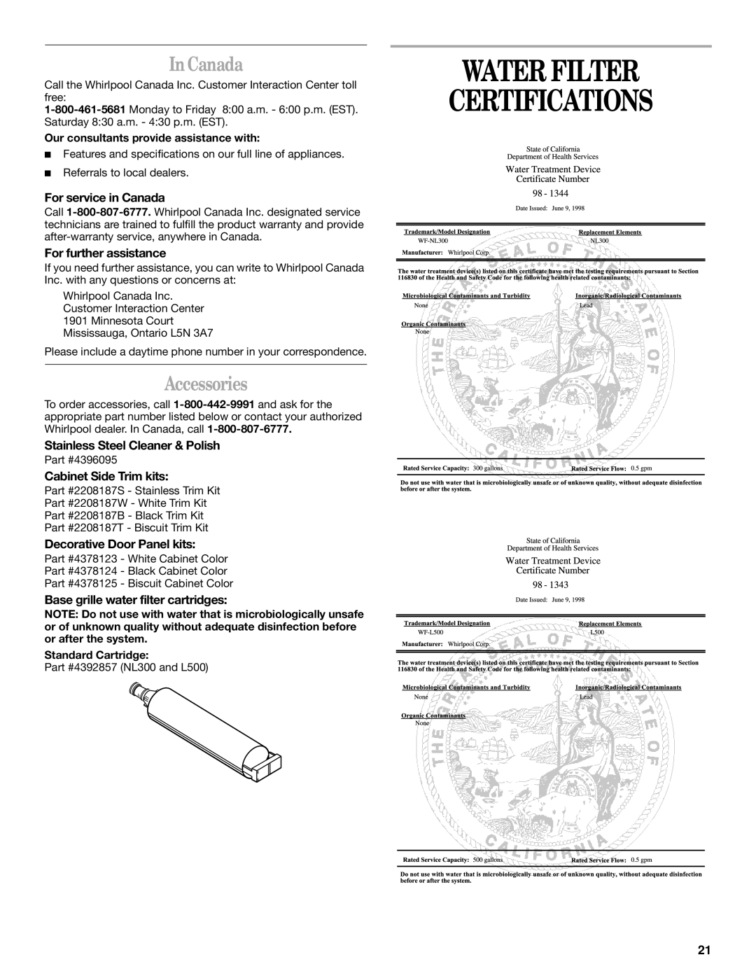 Whirlpool GC5SHGXKB00 manual Water Filter Certifications, Canada, Accessories 