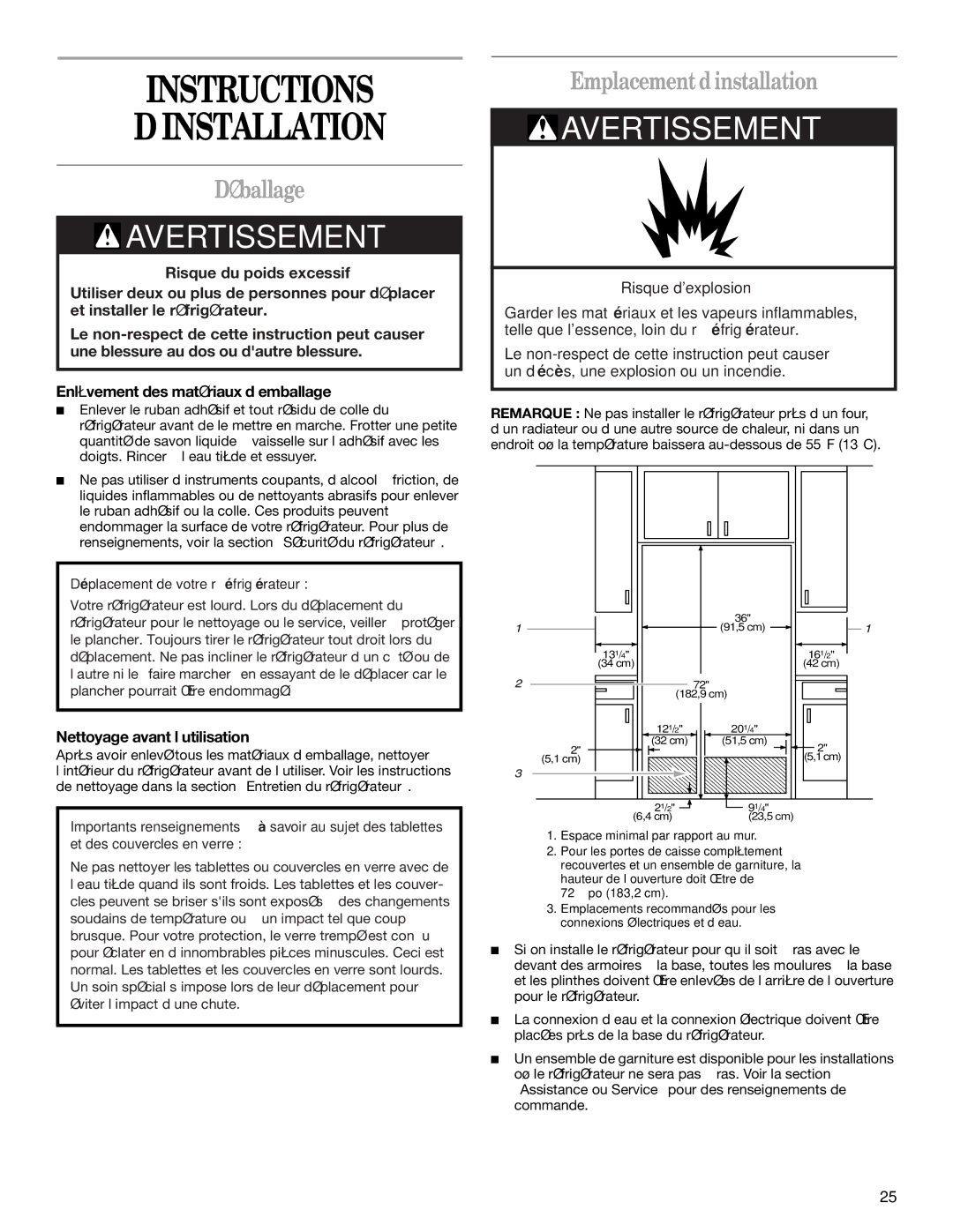 Whirlpool GC5SHGXKB00 Instructions ’INSTALLATION, Déballage, Emplacement d’installation, Nettoyage avant l’utilisation 