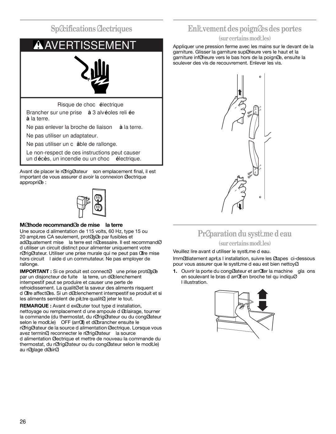 Whirlpool GC5SHGXKB00 manual Spécifications électriques, Enlèvement des poignées des portes, Préparation du système d’eau 